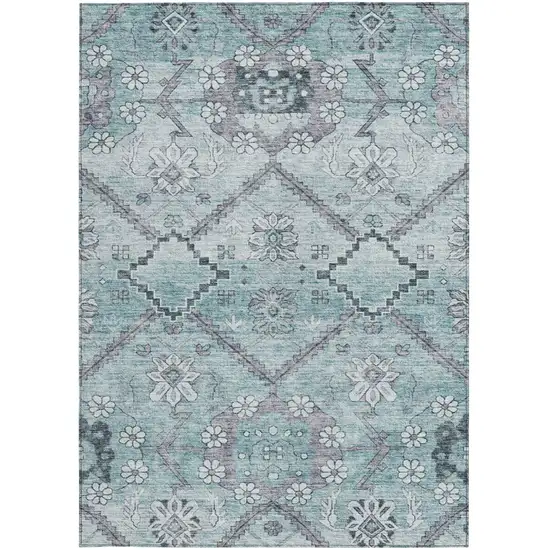 Teal Blue Aqua And Gray Floral Washable Indoor Outdoor Area Rug Photo 7