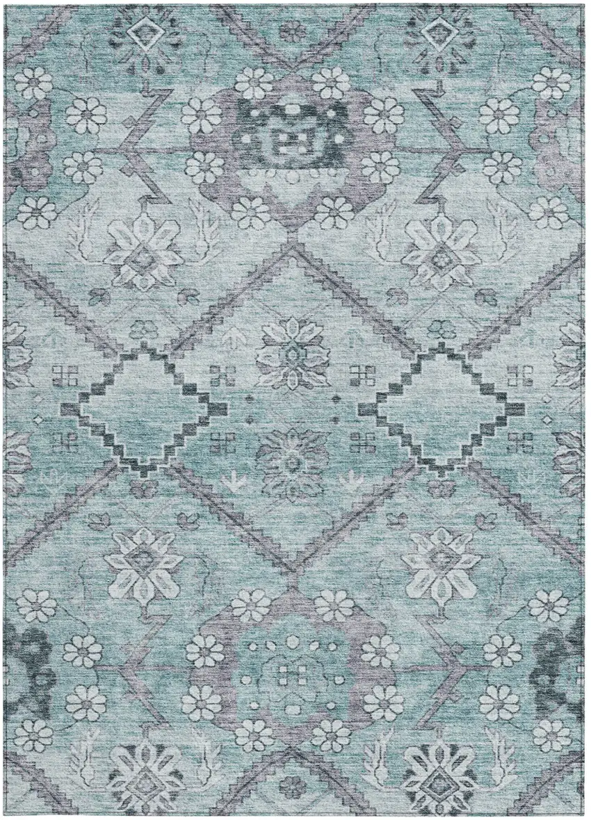 Teal Blue Aqua And Gray Floral Washable Indoor Outdoor Area Rug Photo 7