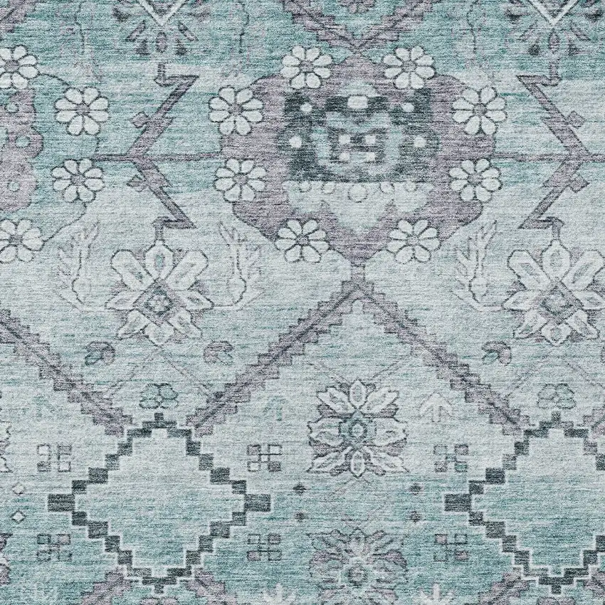 Teal Blue Aqua And Gray Floral Washable Indoor Outdoor Area Rug Photo 6