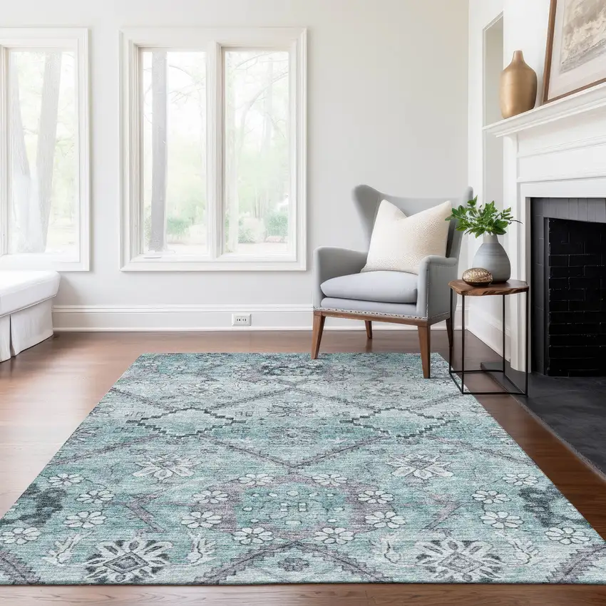 Teal Blue Aqua And Gray Floral Washable Indoor Outdoor Area Rug Photo 9