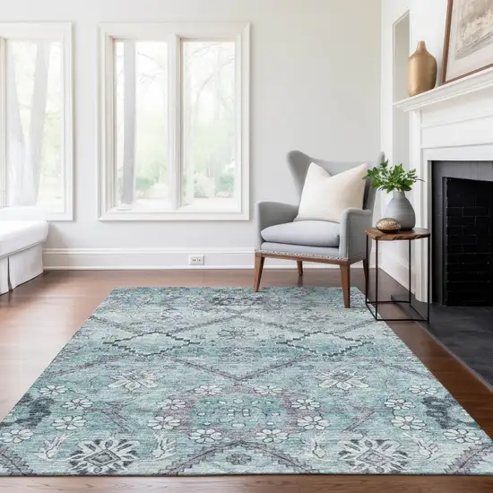 Teal Blue Aqua And Gray Floral Washable Indoor Outdoor Area Rug Photo 9