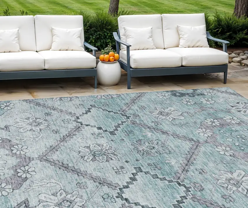 Teal Blue Aqua And Gray Floral Washable Indoor Outdoor Area Rug Photo 1