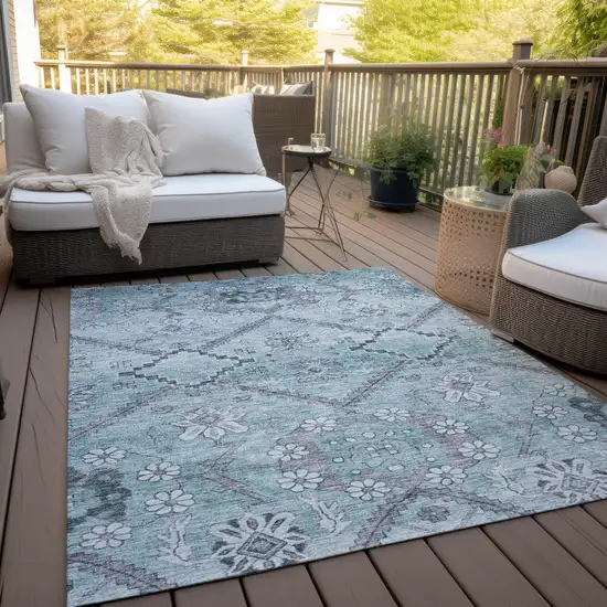 Teal Blue Aqua And Gray Floral Washable Indoor Outdoor Area Rug Photo 8