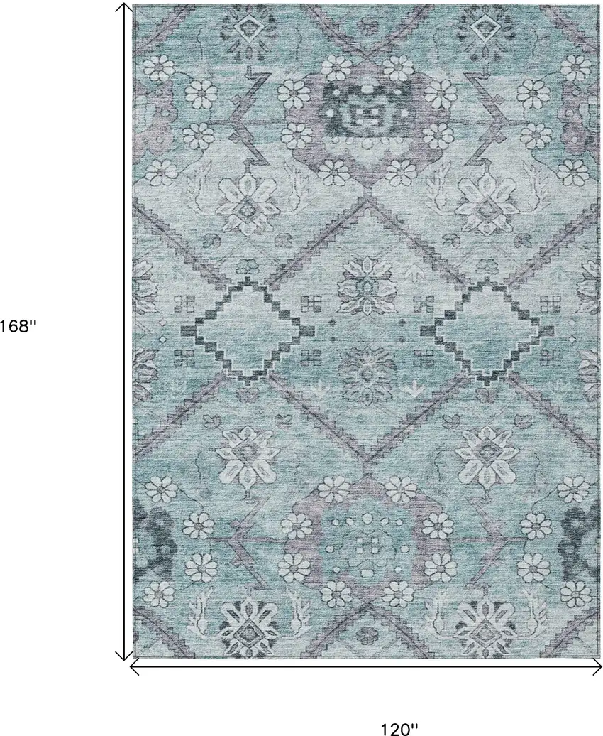 Teal Blue Aqua And Gray Floral Washable Indoor Outdoor Area Rug Photo 3