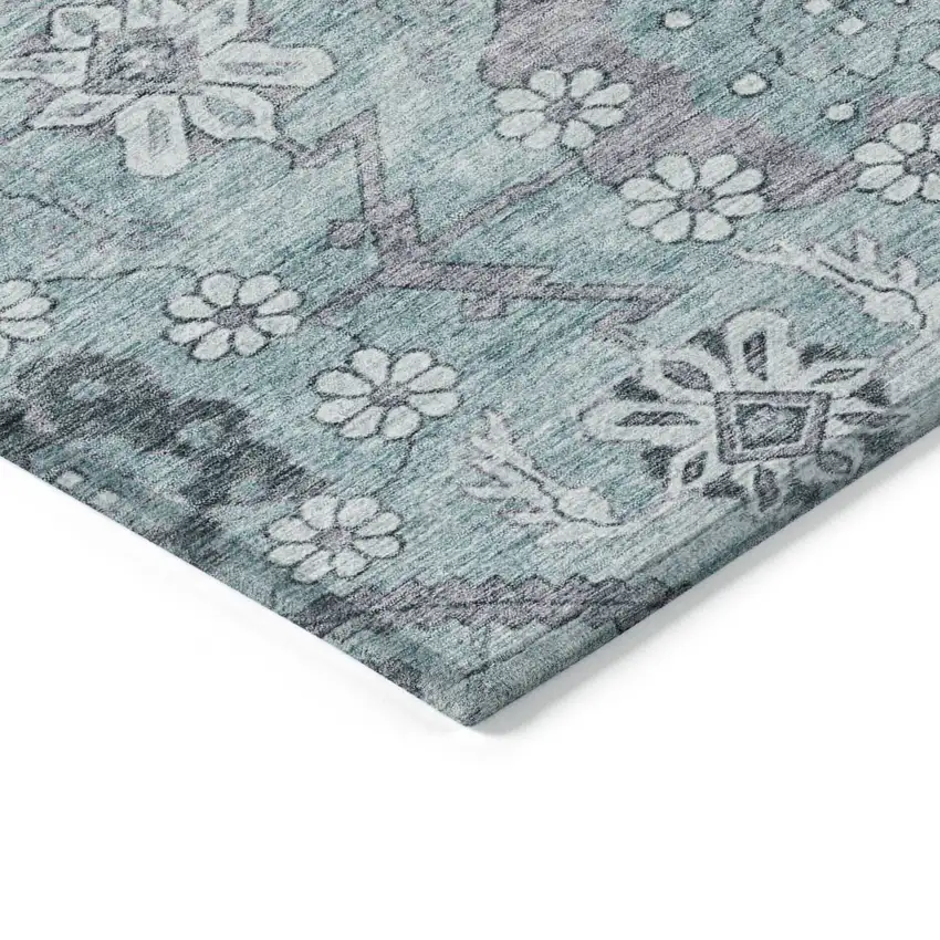 Teal Blue Aqua And Gray Floral Washable Indoor Outdoor Area Rug Photo 5