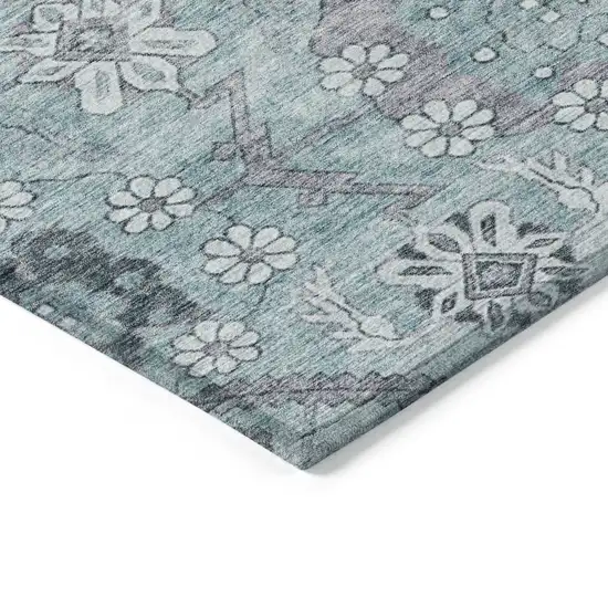 Teal Blue Aqua And Gray Floral Washable Indoor Outdoor Area Rug Photo 5
