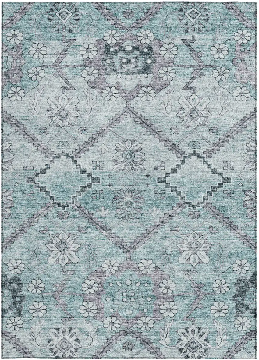 Teal Blue Aqua And Gray Floral Washable Indoor Outdoor Area Rug Photo 7