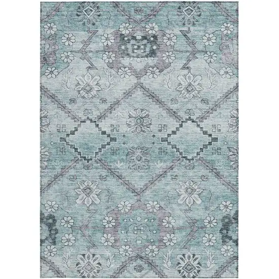 Teal Blue Aqua And Gray Floral Washable Indoor Outdoor Area Rug Photo 7