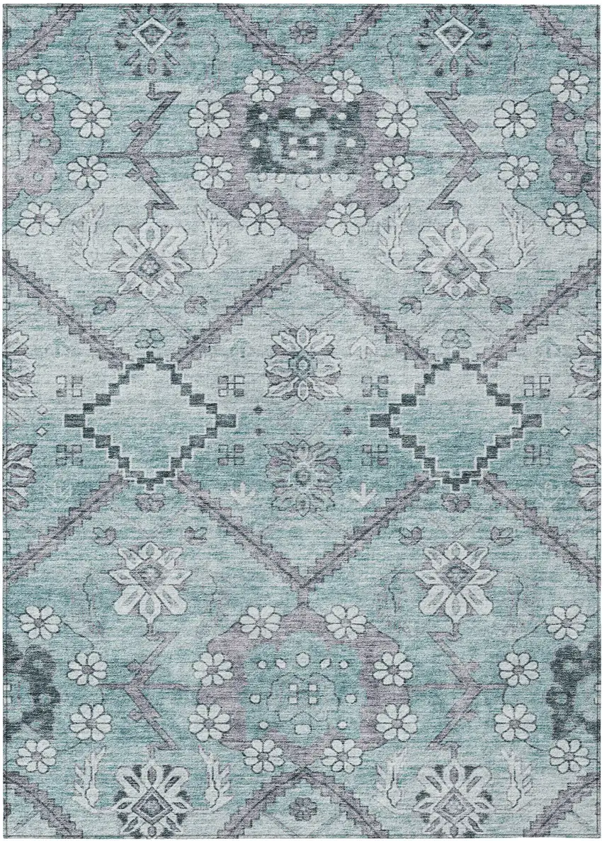 Teal Blue Aqua And Gray Floral Washable Indoor Outdoor Area Rug Photo 2