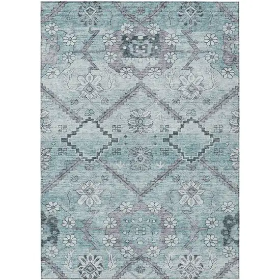 Teal Blue Aqua And Gray Floral Washable Indoor Outdoor Area Rug Photo 2