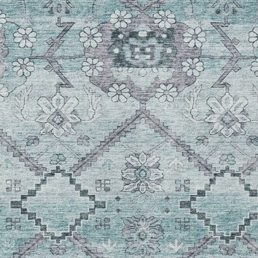 Teal Blue Aqua And Gray Floral Washable Indoor Outdoor Area Rug Photo 6