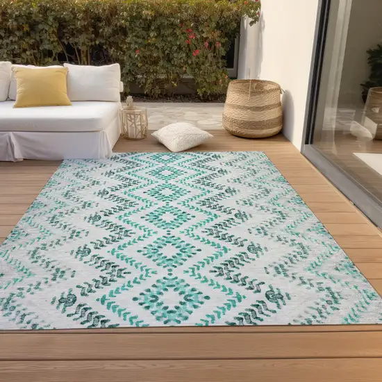 Teal Blue Aqua And Gray Geometric Washable Indoor Outdoor Area Rug Photo 7