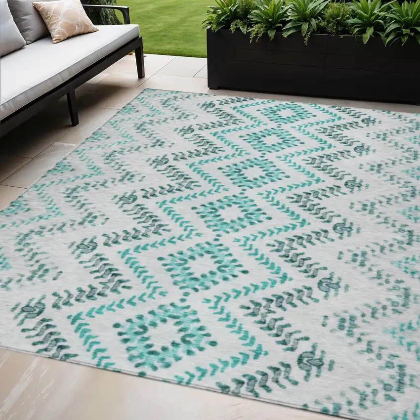 Teal Blue Aqua And Gray Geometric Washable Indoor Outdoor Area Rug Photo 1