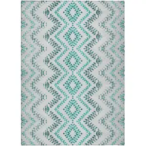 Photo of Teal Blue Aqua And Gray Geometric Washable Indoor Outdoor Area Rug
