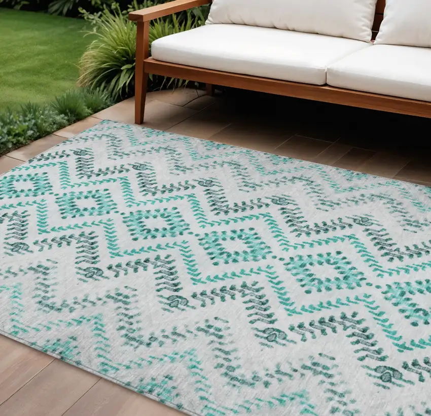 Teal Blue Aqua And Gray Geometric Washable Indoor Outdoor Area Rug Photo 1