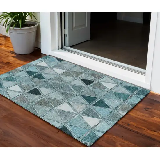 Teal Blue Aqua And Gray Geometric Washable Indoor Outdoor Area Rug Photo 1