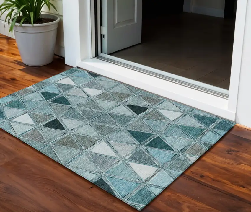 Teal Blue Aqua And Gray Geometric Washable Indoor Outdoor Area Rug Photo 1