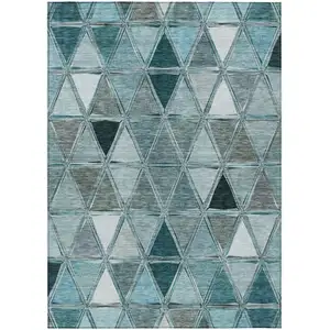 Photo of Teal Blue Aqua And Gray Geometric Washable Indoor Outdoor Area Rug
