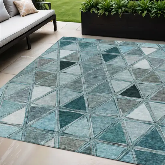 Teal Blue Aqua And Gray Geometric Washable Indoor Outdoor Area Rug Photo 1