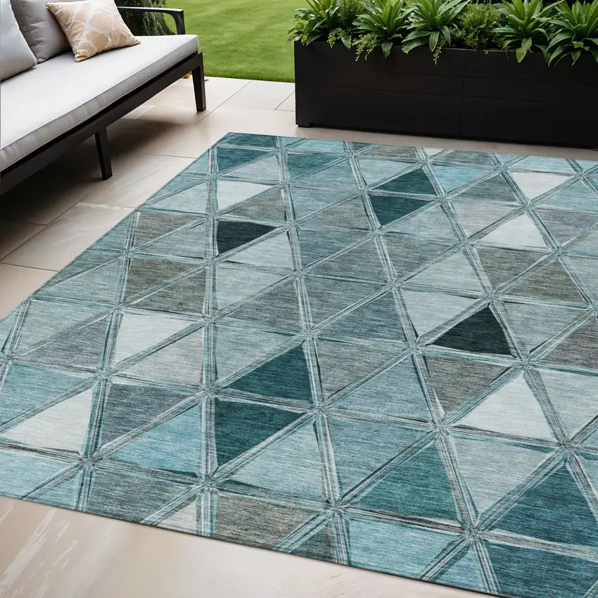 Teal Blue Aqua And Gray Geometric Washable Indoor Outdoor Area Rug Photo 1