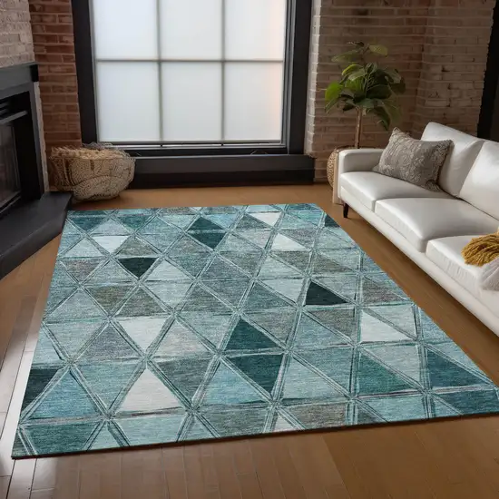 Teal Blue Aqua And Gray Geometric Washable Indoor Outdoor Area Rug Photo 9