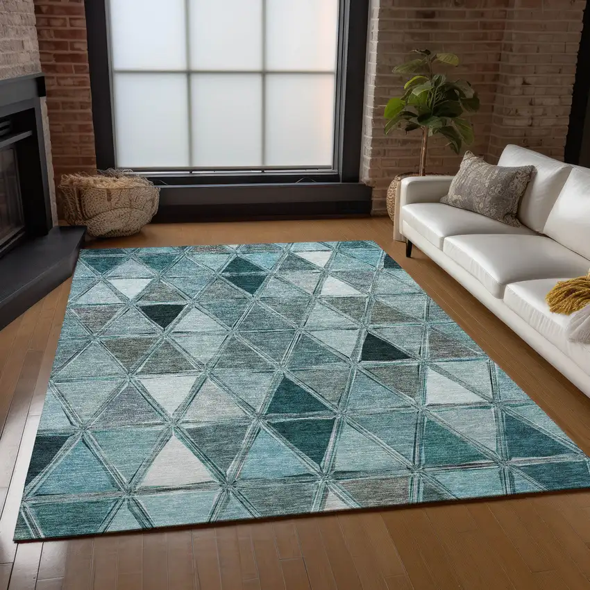 Teal Blue Aqua And Gray Geometric Washable Indoor Outdoor Area Rug Photo 9