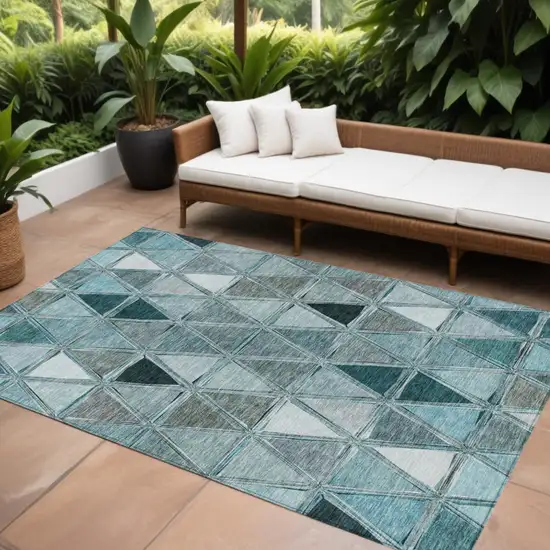 Teal Blue Aqua And Gray Geometric Washable Indoor Outdoor Area Rug Photo 1
