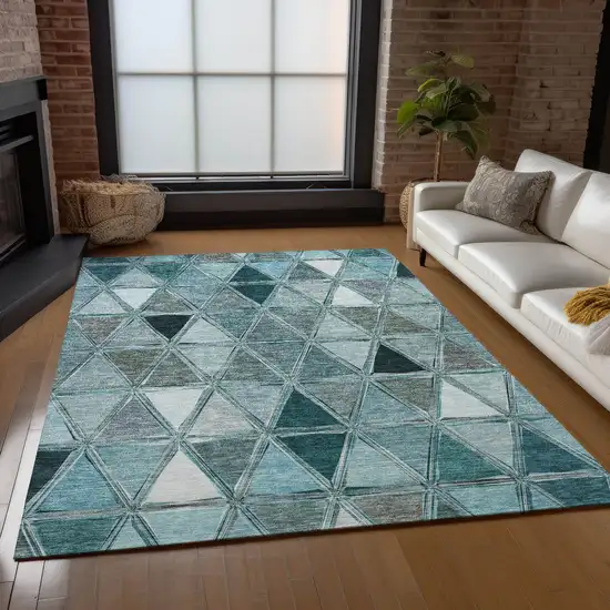 Teal Blue Aqua And Gray Geometric Washable Indoor Outdoor Area Rug Photo 9