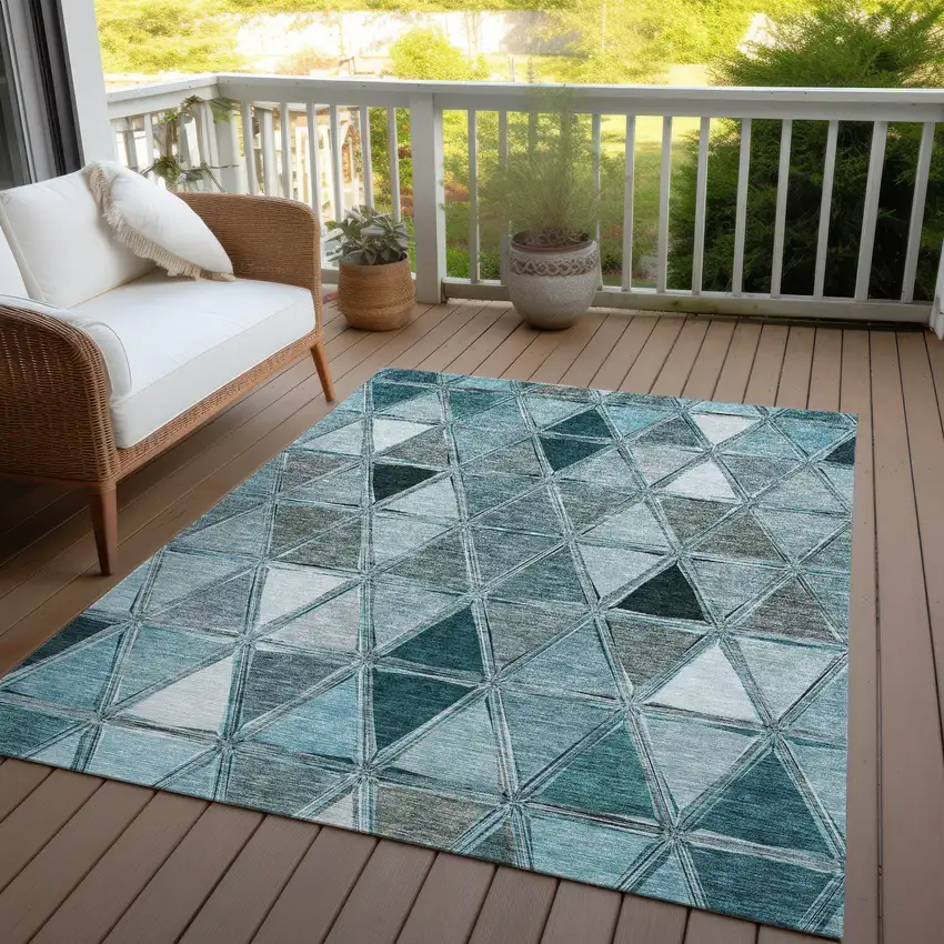Teal Blue Aqua And Gray Geometric Washable Indoor Outdoor Area Rug Photo 7