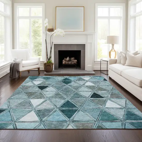 Teal Blue Aqua And Gray Geometric Washable Indoor Outdoor Area Rug Photo 8