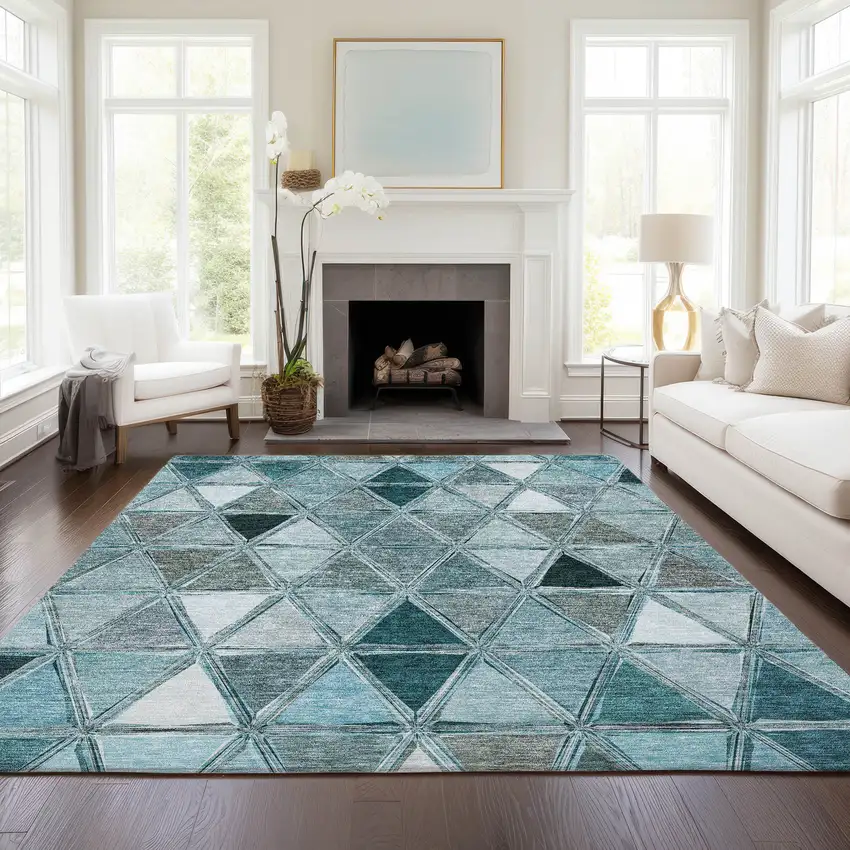 Teal Blue Aqua And Gray Geometric Washable Indoor Outdoor Area Rug Photo 8