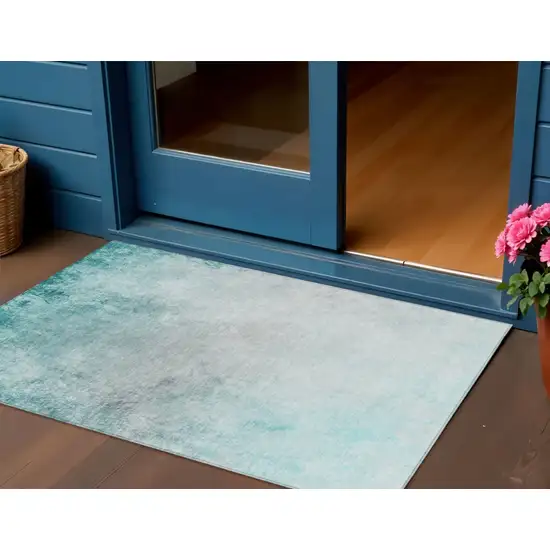 Teal Blue Aqua And Gray Ombre Washable Indoor Outdoor Area Rug Photo 1