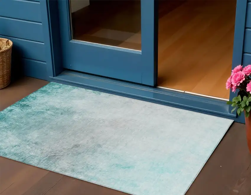 Teal Blue Aqua And Gray Ombre Washable Indoor Outdoor Area Rug Photo 1