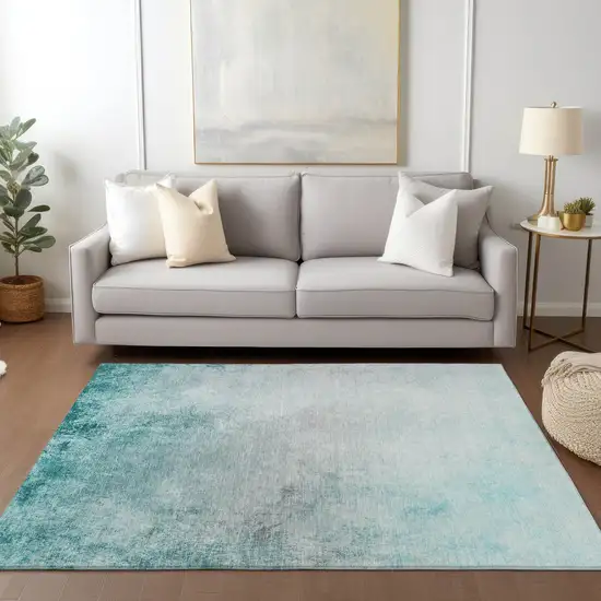Teal Blue Aqua And Gray Ombre Washable Indoor Outdoor Area Rug Photo 8