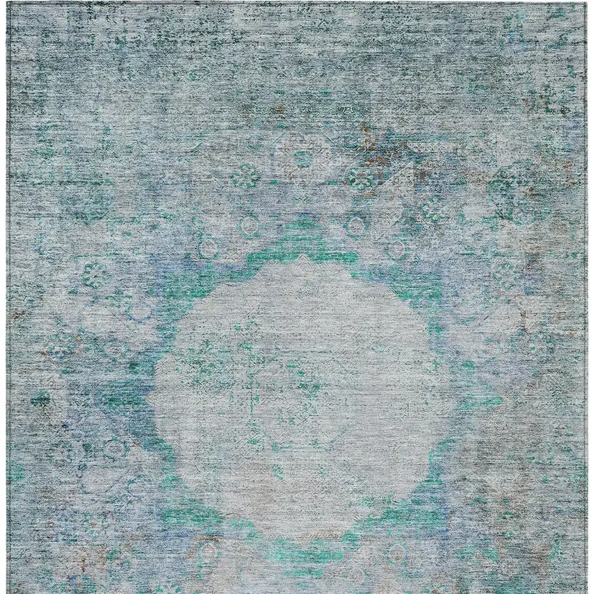 Teal Blue Aqua And Gray Oriental Washable Indoor Outdoor Area Rug Photo 4