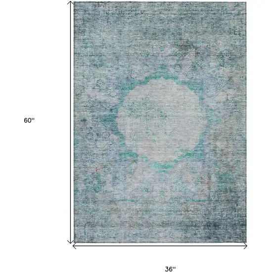 Teal Blue Aqua And Gray Oriental Washable Indoor Outdoor Area Rug Photo 7