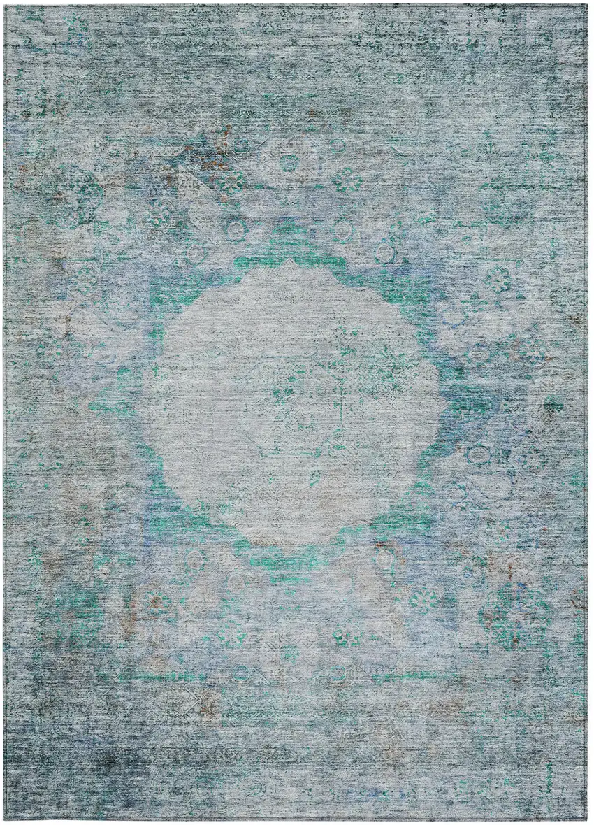 Teal Blue Aqua And Gray Oriental Washable Indoor Outdoor Area Rug Photo 5