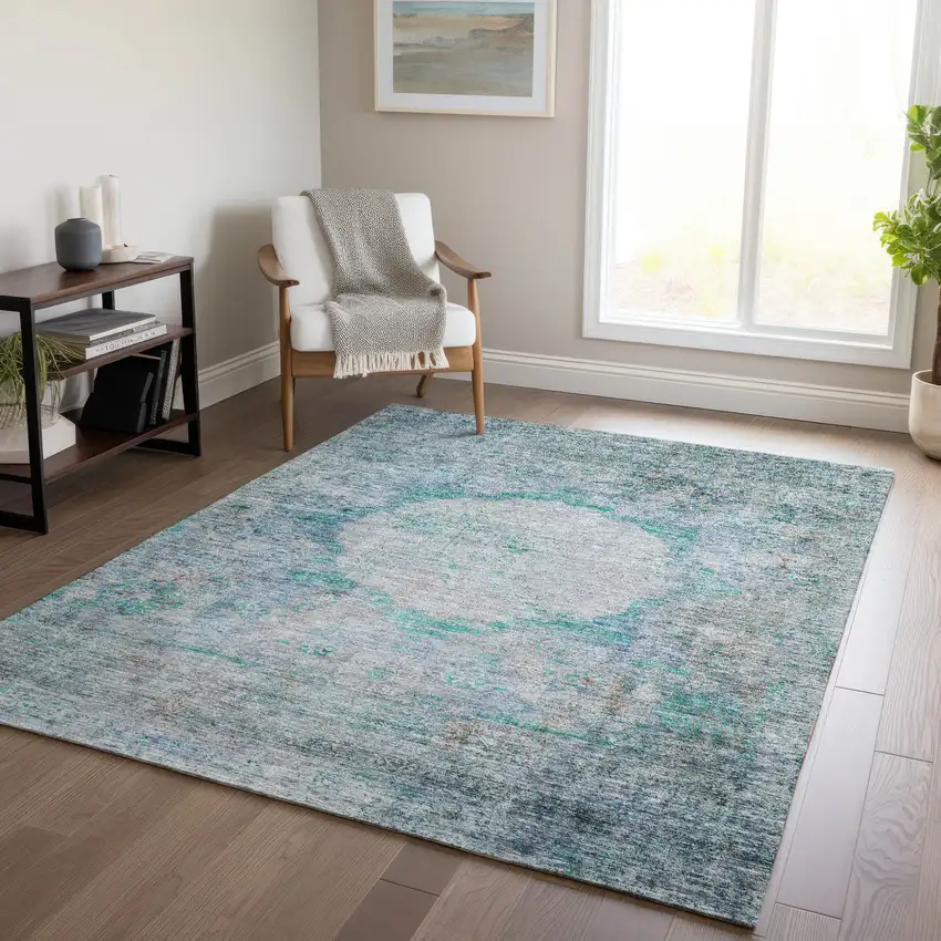 Teal Blue Aqua And Gray Oriental Washable Indoor Outdoor Area Rug Photo 7