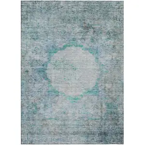 Photo of Teal Blue Aqua And Gray Oriental Washable Indoor Outdoor Area Rug
