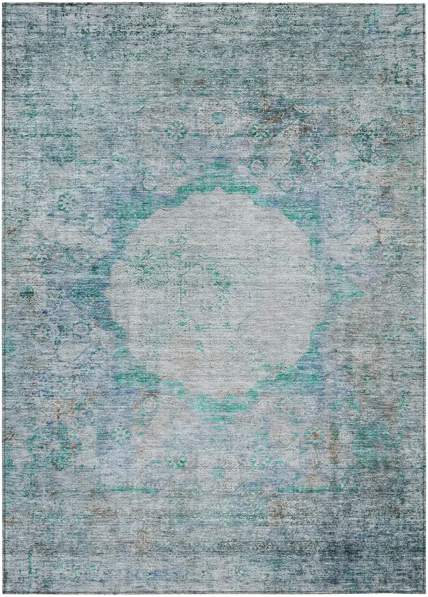 Teal Blue Aqua And Gray Oriental Washable Indoor Outdoor Area Rug Photo 1