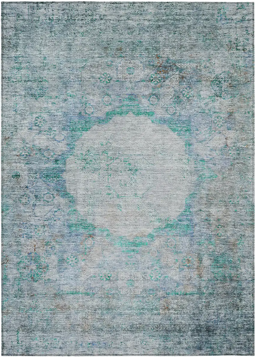 Teal Blue Aqua And Gray Oriental Washable Indoor Outdoor Area Rug Photo 1