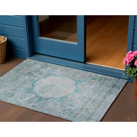 Teal Blue Aqua And Gray Oriental Washable Indoor Outdoor Area Rug Photo 1