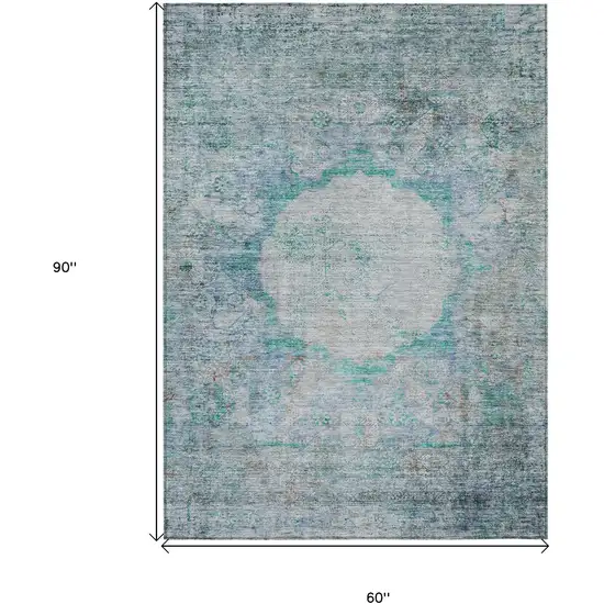 Teal Blue Aqua And Gray Oriental Washable Indoor Outdoor Area Rug Photo 3