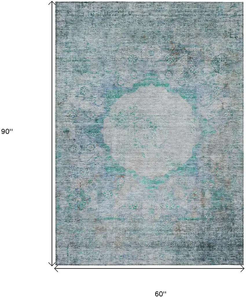 Teal Blue Aqua And Gray Oriental Washable Indoor Outdoor Area Rug Photo 3
