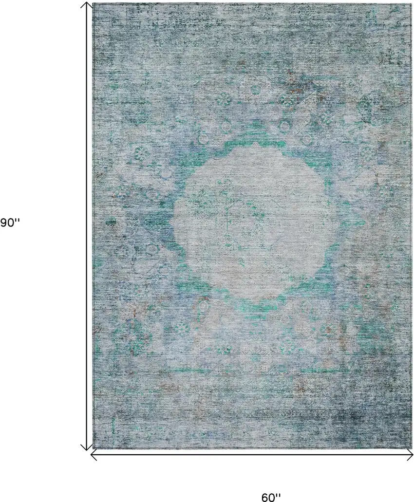 Teal Blue Aqua And Gray Oriental Washable Indoor Outdoor Area Rug Photo 3