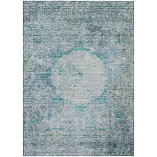 Teal Blue Aqua And Gray Oriental Washable Indoor Outdoor Area Rug Photo 2