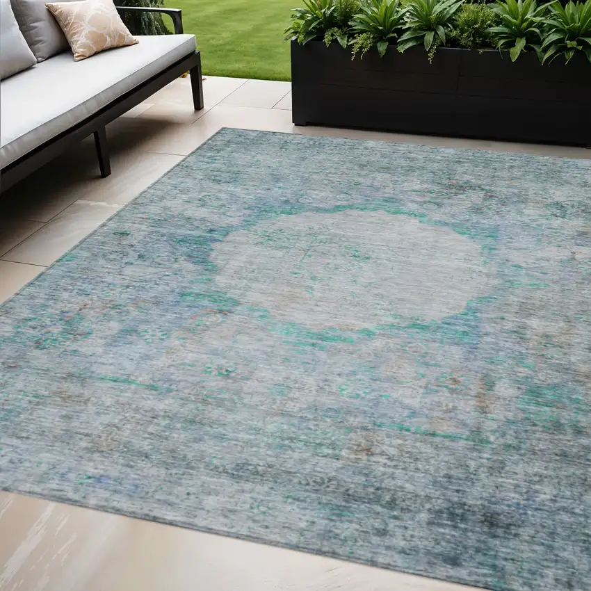 Teal Blue Aqua And Gray Oriental Washable Indoor Outdoor Area Rug Photo 1