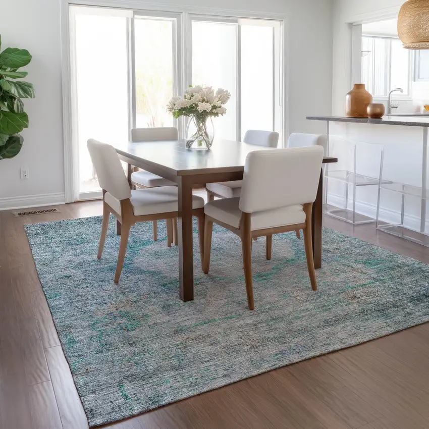 Teal Blue Aqua And Gray Oriental Washable Indoor Outdoor Area Rug Photo 9