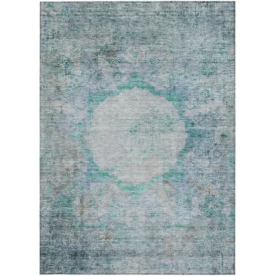 Teal Blue Aqua And Gray Oriental Washable Indoor Outdoor Area Rug Photo 6