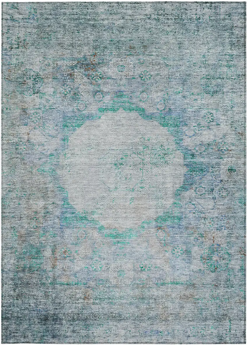 Teal Blue Aqua And Gray Oriental Washable Indoor Outdoor Area Rug Photo 6
